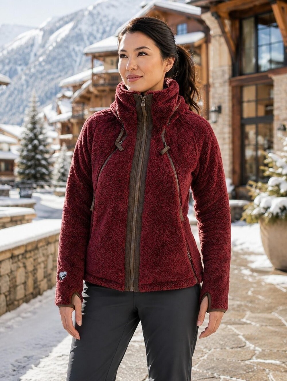 KÜHL Flight Jacket M Burgundy Italian Fleece Stowaway Hood Thumb Loops